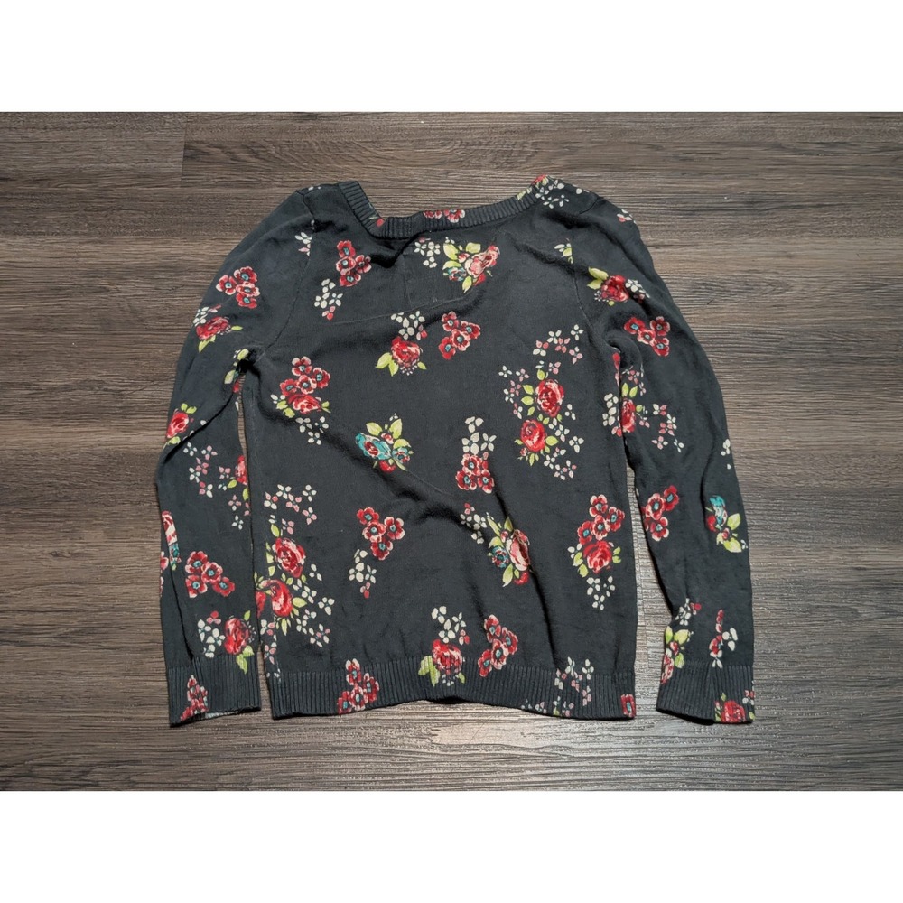 Hollister Floral Cardigan Sweater Womens Medium Dark Gray Button Front Knit Logo - Picture 3 of 5